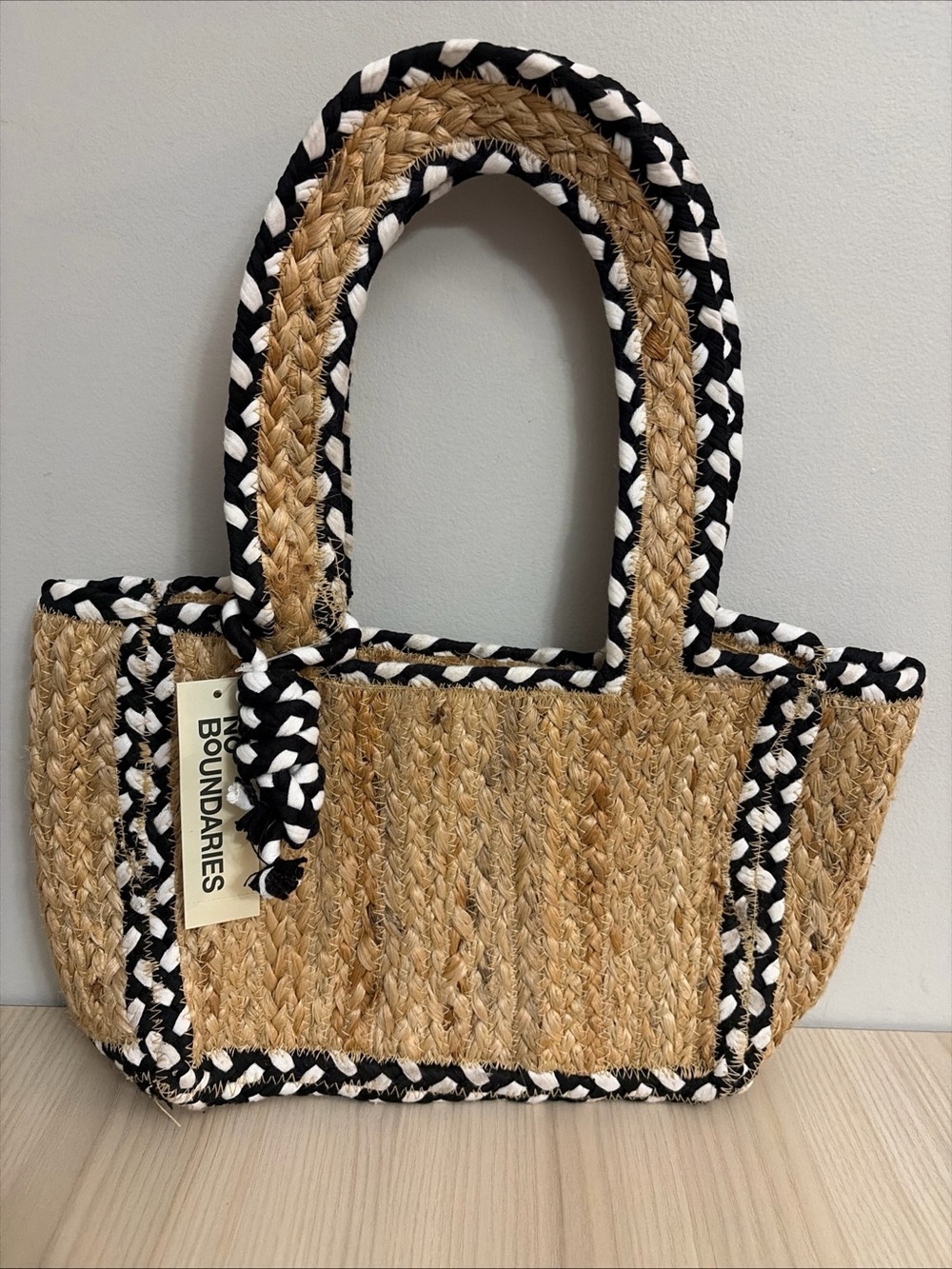 No Boundaries New Natural Straw Mini Tote with Black & White Trim